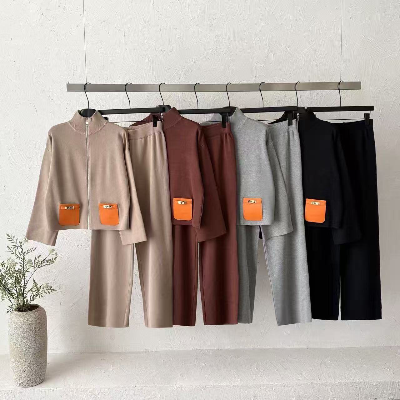 Cross border contrasting pocket knit two-piece women's stand up collar zipper short top loose slimming wide leg pants casual set Cross border contrasting pocket knit two-piece women's stand up collar zipper short top loose slimming wide leg pants casual set