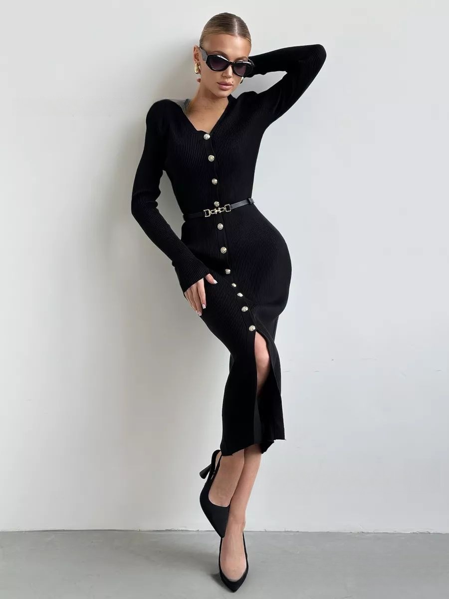 French Knitted Dress with Waist Belt, V-neck, Single Row Button, Western Style Sweater, Long Dress French Knitted Dress with Waist Belt, V-neck, Single Row Button, Western Style Sweater, Long Dress