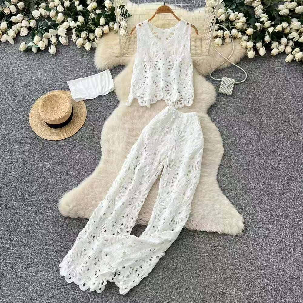 Hollow hook flower slightly flared slimming wide leg knitted elastic waist casual long pants
