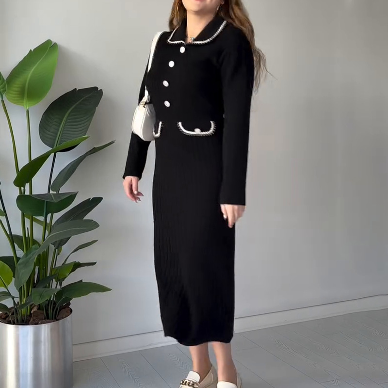 Foreign trade high-end temperament woven doll collar dress for women autumn and winter long sleeved knitted elastic waist with elegant fish tail