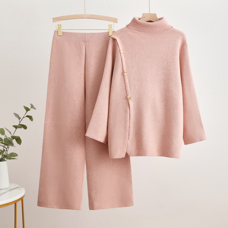Korean version autumn and winter knitted high neck sweater, fashionable and casual button splicing design, solid color wide leg pants two-piece set