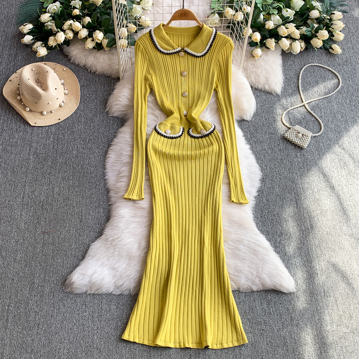 Foreign trade high-end temperament woven doll collar dress for women autumn and winter long sleeved knitted elastic waist with elegant fish tail Foreign trade high-end temperament woven doll collar dress for women autumn and winter long sleeved knitted elastic waist with elegant fish tail