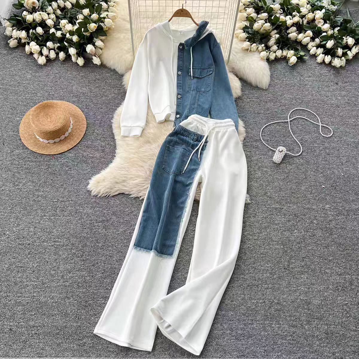 Hong Kong style casual suit women's fashion design sense splicing fake two-piece hooded sweatshirt high waisted denim splicing wide leg pants