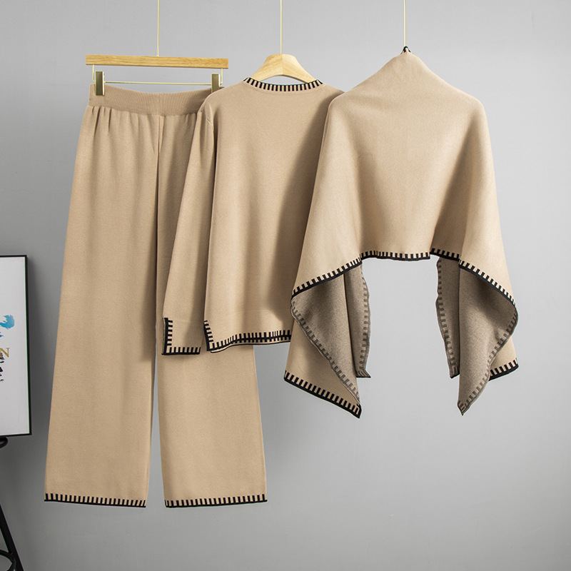 Cross border European and American style autumn and winter new fashion outfit shawl sweater wide leg pants knitted three piece set temperament set for women Cross border European and American style autumn and winter new fashion outfit shawl sweater wide leg pants knitted three piece set temperament set for women