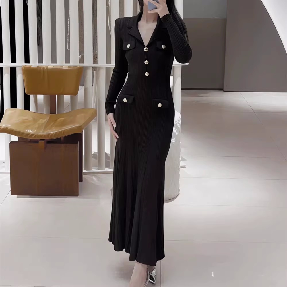 French socialite temperament fashionable and elegant waist cinching slimming suit collar gold buckle vertical stripe long dress French socialite temperament fashionable and elegant waist cinching slimming suit collar gold buckle vertical stripe long dress