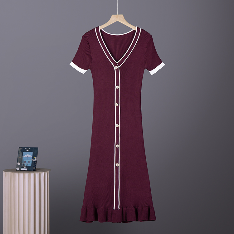 Cross border socialite temperament V-neck long sleeved single breasted waist knitted dress women's autumn sweater slim fit ruffle edge skirt Cross border socialite temperament V-neck long sleeved single breasted waist knitted dress women's autumn sweater slim fit ruffle edge skirt