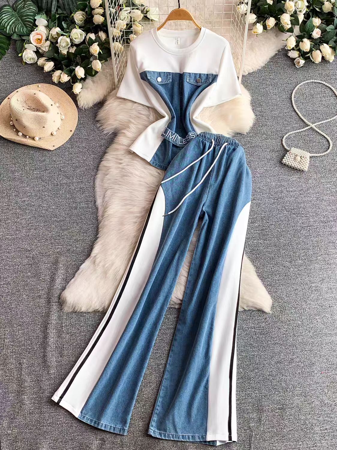 Hong Kong style retro patchwork short sleeved denim suit for women's summer daily casual straight leg pants two-piece set for slimming wear