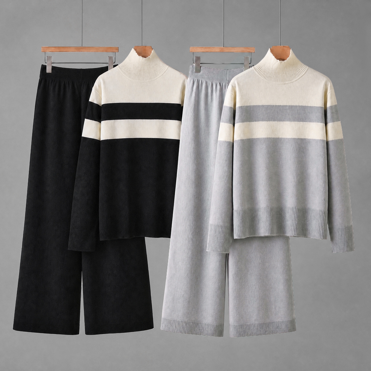 Korean casual fashion knitted suit women's autumn and winter loose long sleeved contrasting color top high waist slimming wide leg long pants Korean casual fashion knitted suit women's autumn and winter loose long sleeved contrasting color top high waist slimming wide leg long pants