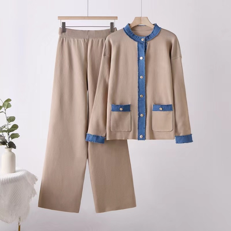 French socialite goddess style fashionable design denim patchwork knitted round neck jacket+high waist wide leg pants two-piece set French socialite goddess style fashionable design denim patchwork knitted round neck jacket+high waist wide leg pants two-piece set
