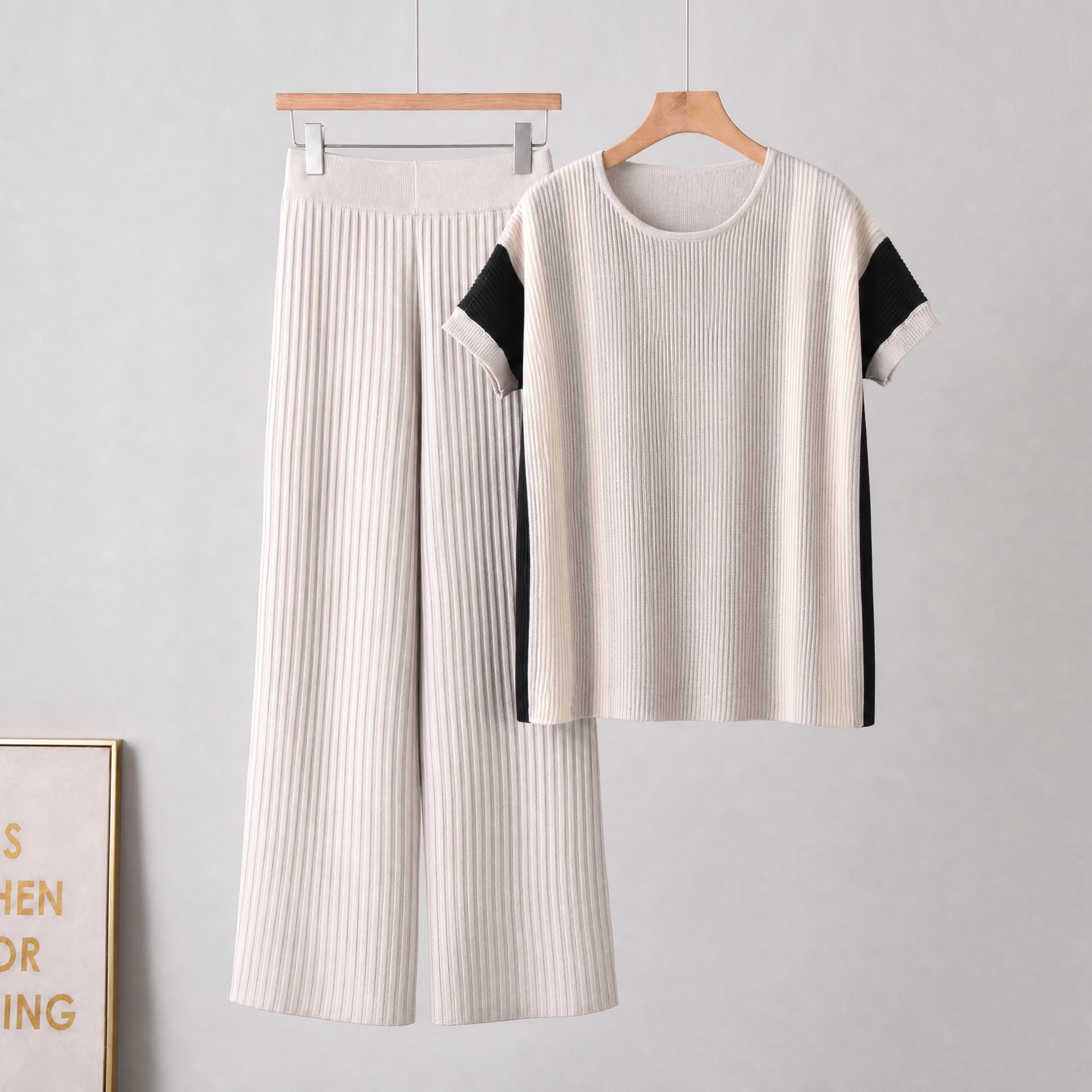 2026 European and American Cross border New Folded Color blocked Loose Fashion Casual T-shirt Long Wide Leg Pants Knitted Set 2026 European and American Cross border New Folded Color blocked Loose Fashion Casual T-shirt Long Wide Leg Pants Knitted Set