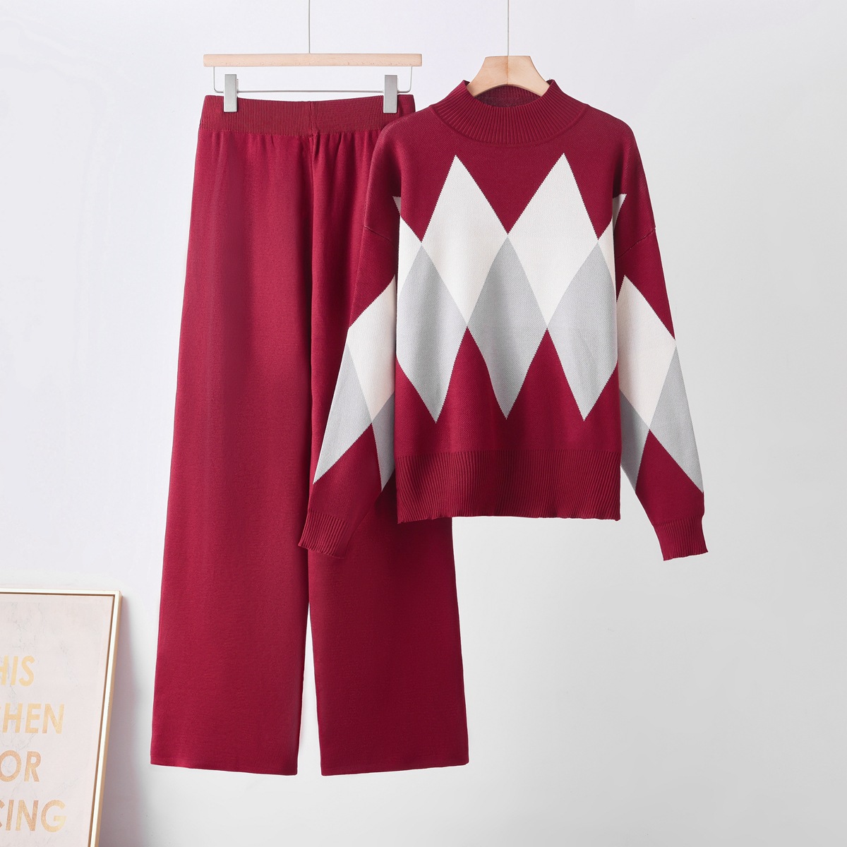 Cross border European and American fashion suit autumn and winter new loose round neck versatile sweater+casual wide leg pants two-piece set for women Cross border European and American fashion suit autumn and winter new loose round neck versatile sweater+casual wide leg pants two-piece set for women