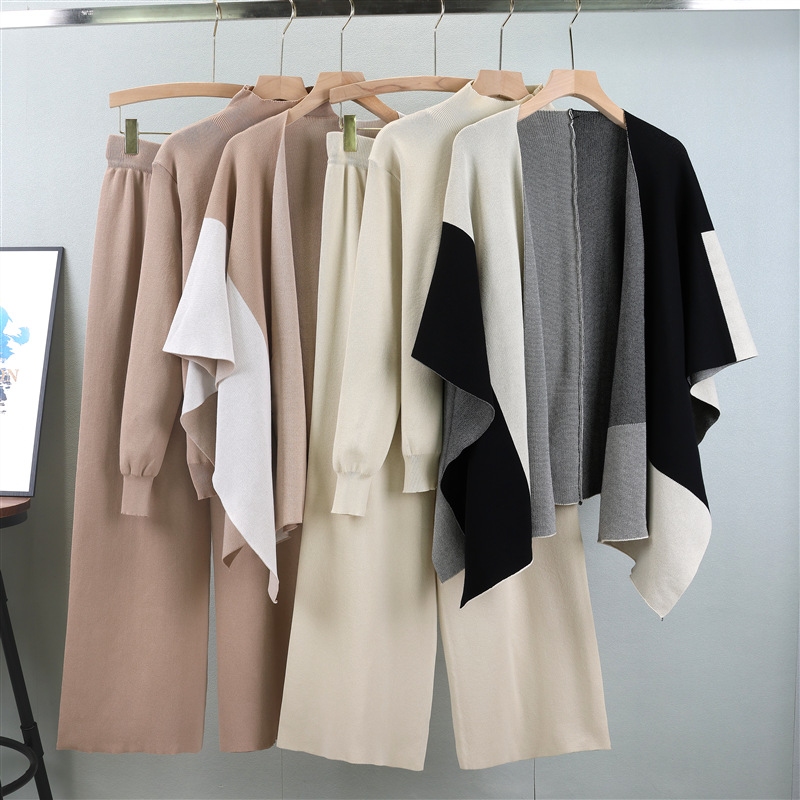 Leisure suit for women in spring and autumn, with a new style of elegant socialite and lazy style. Knitted sweater, shawl, cloak, wide leg pants, three piece set Leisure suit for women in spring and autumn, with a new style of elegant socialite and lazy style. Knitted sweater, shawl, cloak, wide leg pants, three piece set