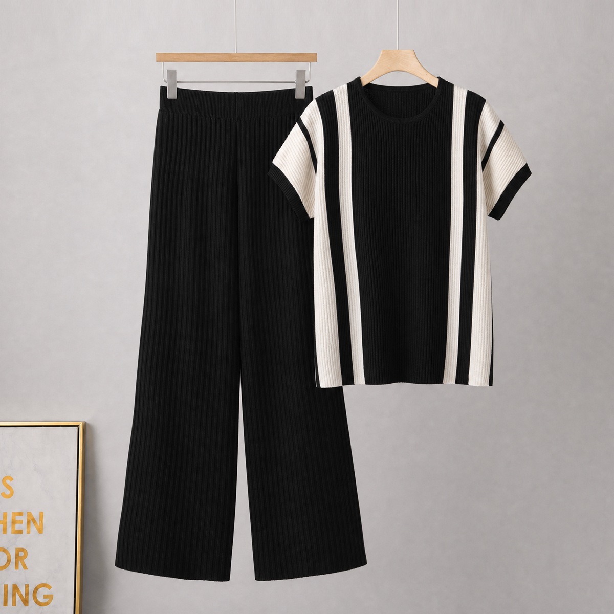 2026 European and American Cross border New Folded Color blocked Loose Fashion Casual T-shirt Long Wide Leg Pants Knitted Set 2026 European and American Cross border New Folded Color blocked Loose Fashion Casual T-shirt Long Wide Leg Pants Knitted Set