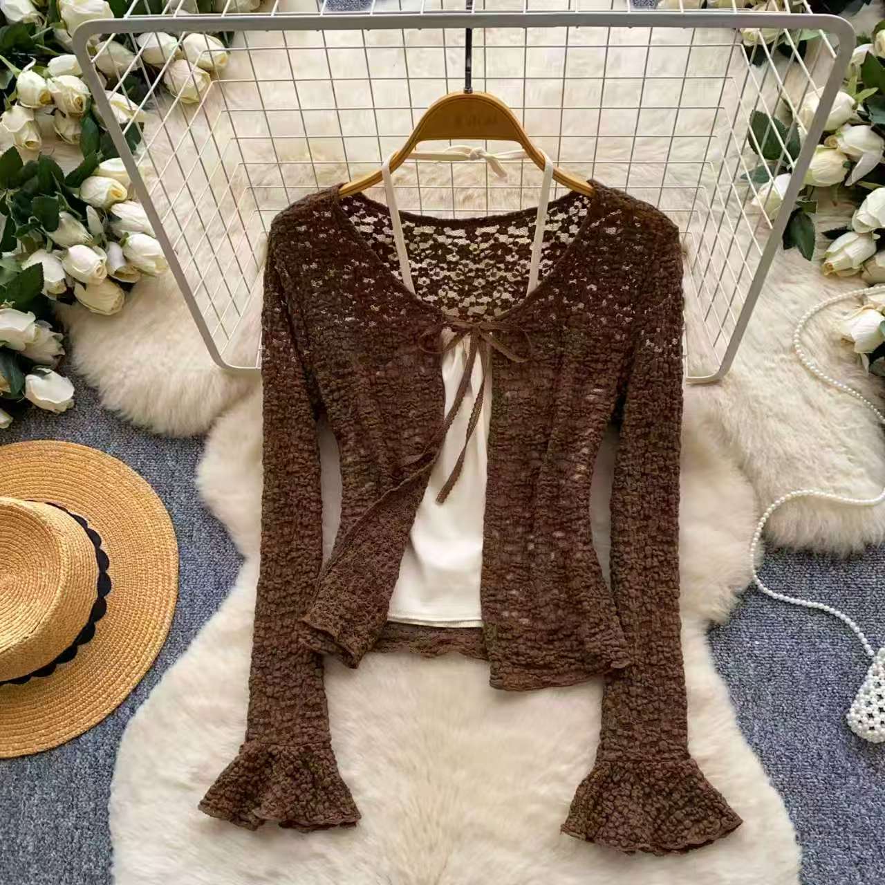 French hollow camisole lace cardigan women's spring lace collar flared sleeves two-piece set slimming and sun protection temperament set French hollow camisole lace cardigan women's spring lace collar flared sleeves two-piece set slimming and sun protection temperament set