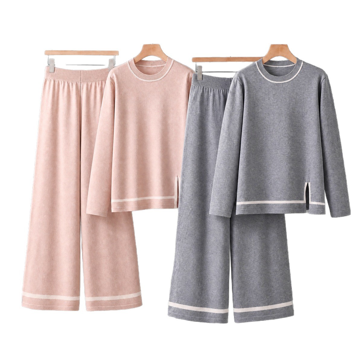 Amazon Women's New Color Contrasting Split Long Sleeve Knitted Set with High Waist and Wide Legs, Two Piece Set Amazon Women's New Color Contrasting Split Long Sleeve Knitted Set with High Waist and Wide Legs, Two Piece Set