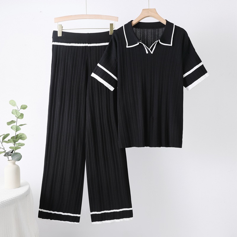 2025 New Korean Summer Dress Polo Collar Short Sleeve Fashion Loose Top Look Thin High Waist Wide Leg Pants Set Cross
