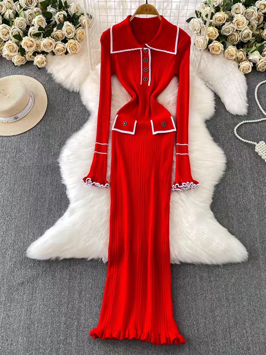 French retro small fragrant style dress, women's fashion contrasting color lapel long sleeved slim fit knit skirt, knee length long skirt French retro small fragrant style dress, women's fashion contrasting color lapel long sleeved slim fit knit skirt, knee length long skirt