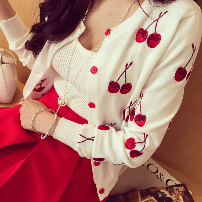 2020 Spring and Autumn New Korean Edition Knitted Cherry Embroidered Long Sleeve Round Neck Shawl cardigan Coat Women's Clothing Wholesale