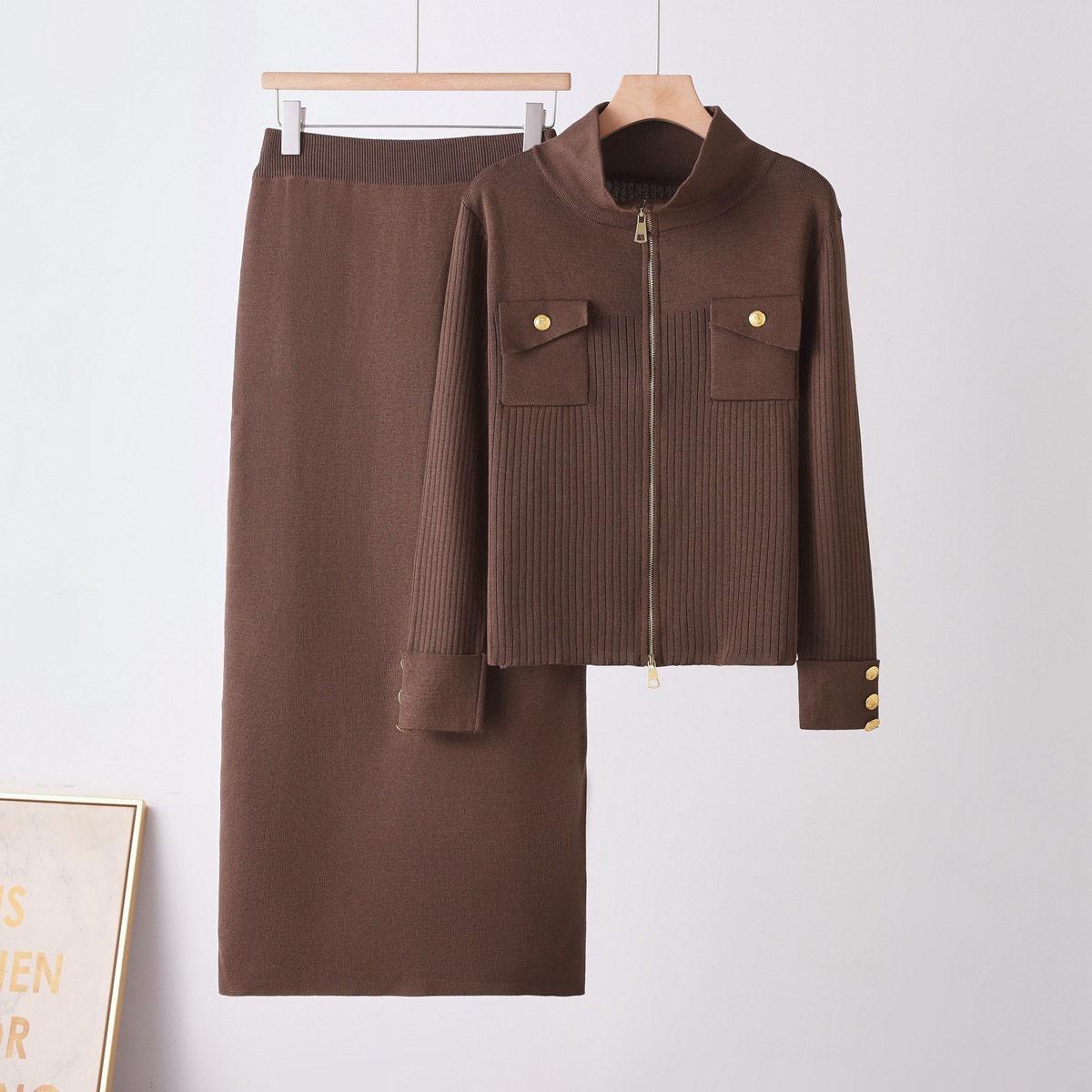 Cross border foreign trade, European and American women's clothing, autumn 2026 new item, small fragrance style knitted V-neck cardigan, zipper jacket, hip hugging skirt
