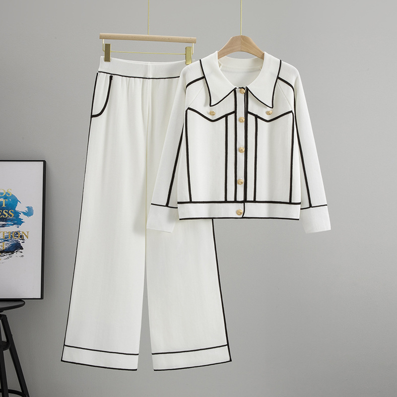 Cross border foreign trade fashion suit temperament style metal buckle contrasting edge cardigan top wide leg pants two-piece set women's spring and autumn Cross border foreign trade fashion suit temperament style metal buckle contrasting edge cardigan top wide leg pants two-piece set women's spring and autumn