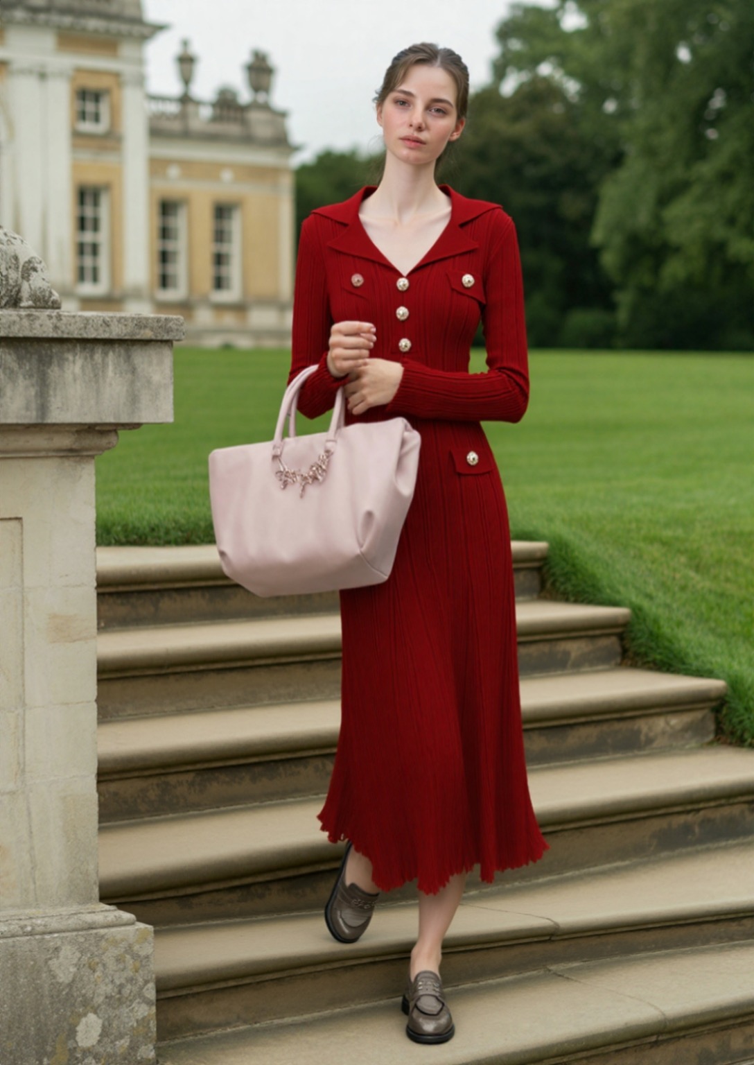 French socialite temperament fashionable and elegant waist cinching slimming suit collar gold buckle vertical stripe long dress French socialite temperament fashionable and elegant waist cinching slimming suit collar gold buckle vertical stripe long dress