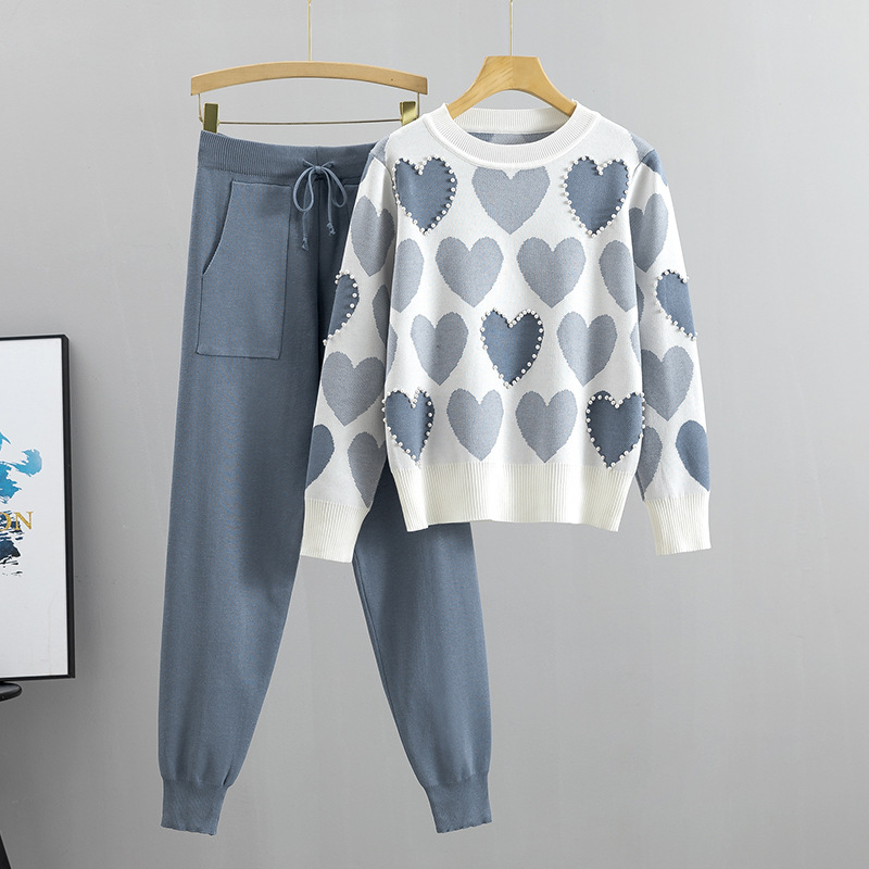 European Station Spring and Autumn New Girl Fashion Love Jacquard Knitted Set European Products Nail Bead Sweater Two Piece Set Trendy European Station Spring and Autumn New Girl Fashion Love Jacquard Knitted Set European Products Nail Bead Sweater Two Piece Set Trendy