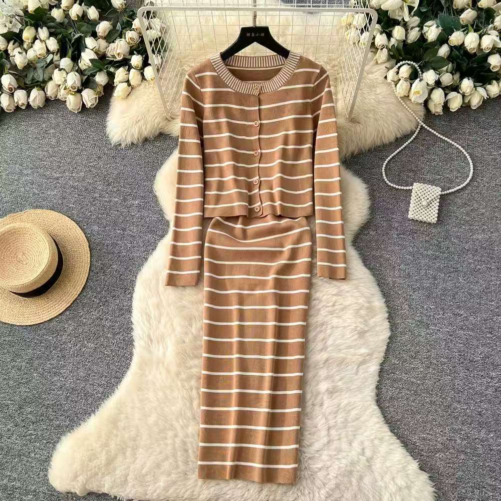 French commuting style striped button knit two-piece set for women's autumn slim fit design cardigan dress set French commuting style striped button knit two-piece set for women's autumn slim fit design cardigan dress set