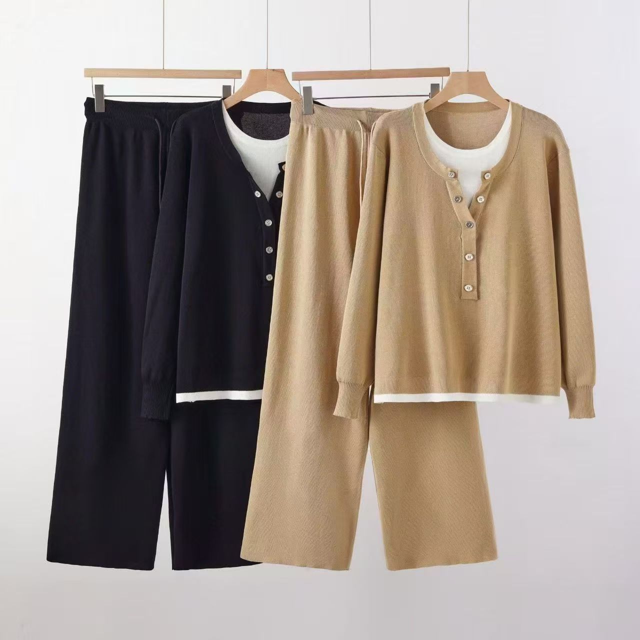 Cross border temperament versatile autumn and winter women's round neck color blocked fake two-piece knitted pullover top wide leg pants two-piece set