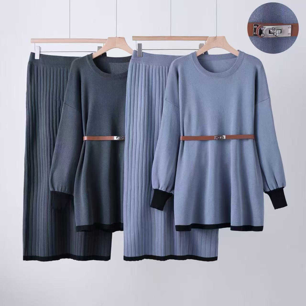 Cross border 2025 Elegant Knitted Skirt Solid Color Waist Belt Lantern Sleeve Top Half Body Skirt Two Piece Set