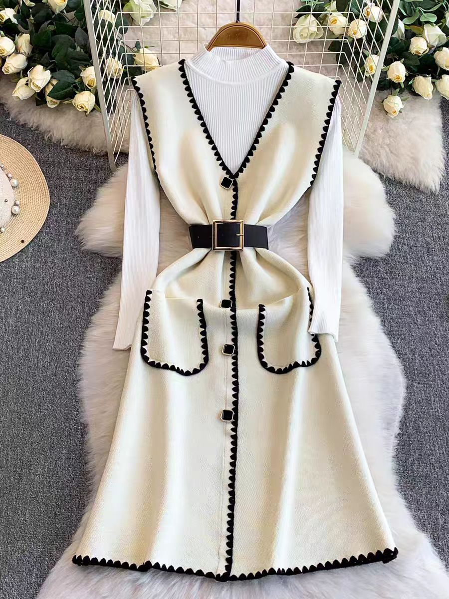 French style three button lapel bubble sleeve dress for women, autumn and winter striped hollow knitted ruffle edge mid length skirt