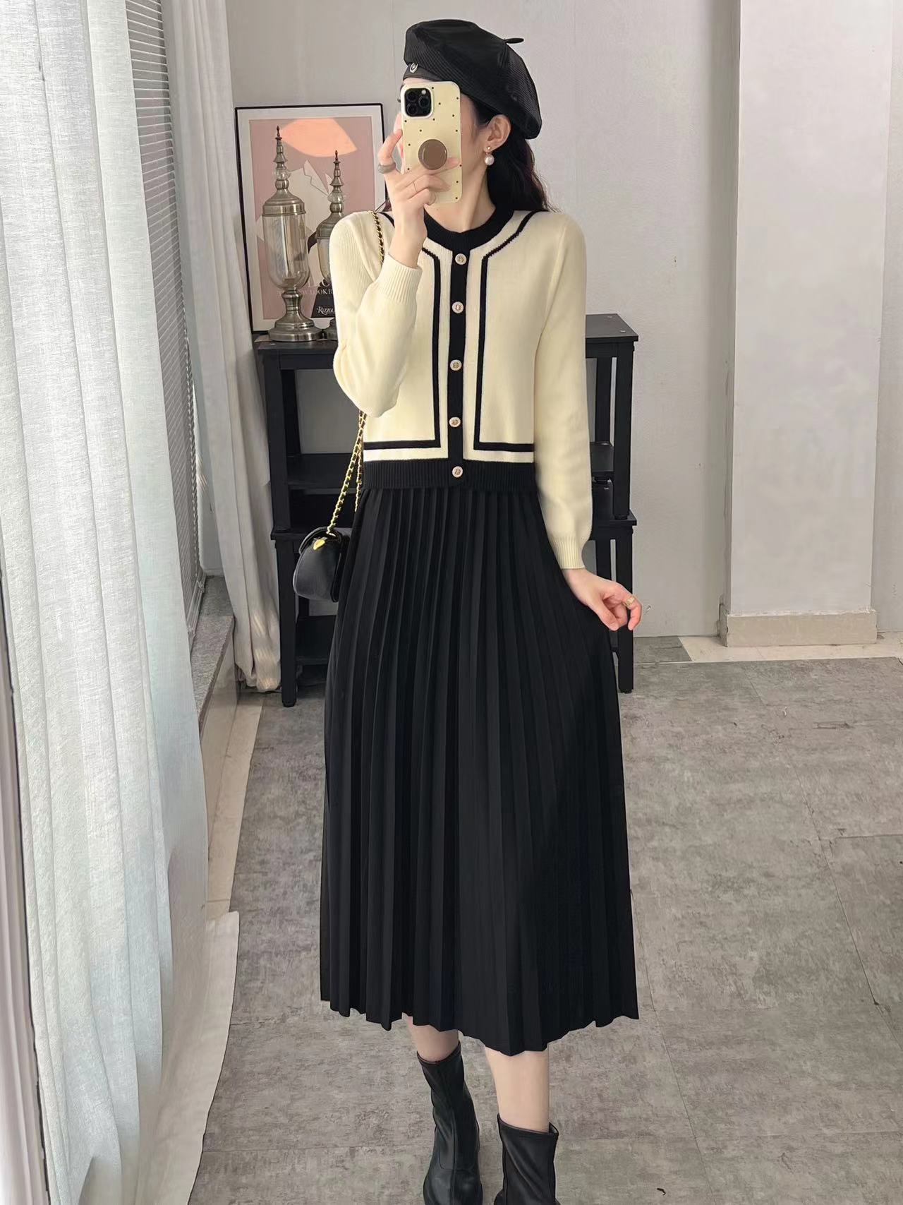 Korean Knitted Splicing Dress for Women's Autumn and Winter New Style, Stylish and Small, Fragrant, Elegant and High Skirt