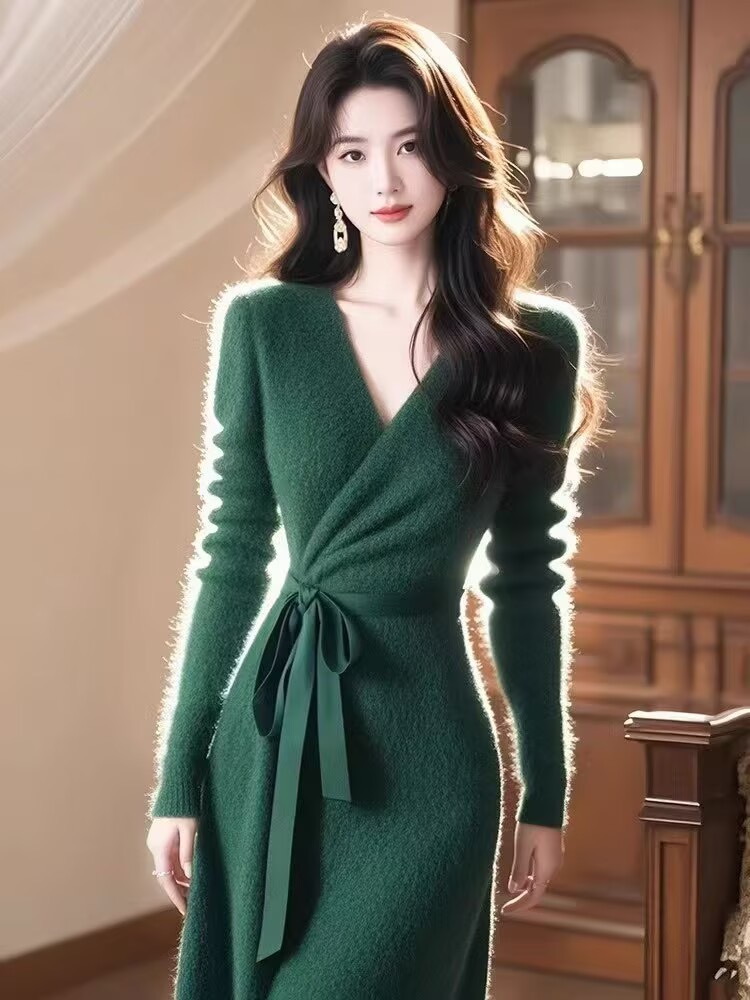 Korean high-end imitation mink fur light luxury V-neck lace up knitted sweater dress with autumn and winter temperament, high waist and cinched waist