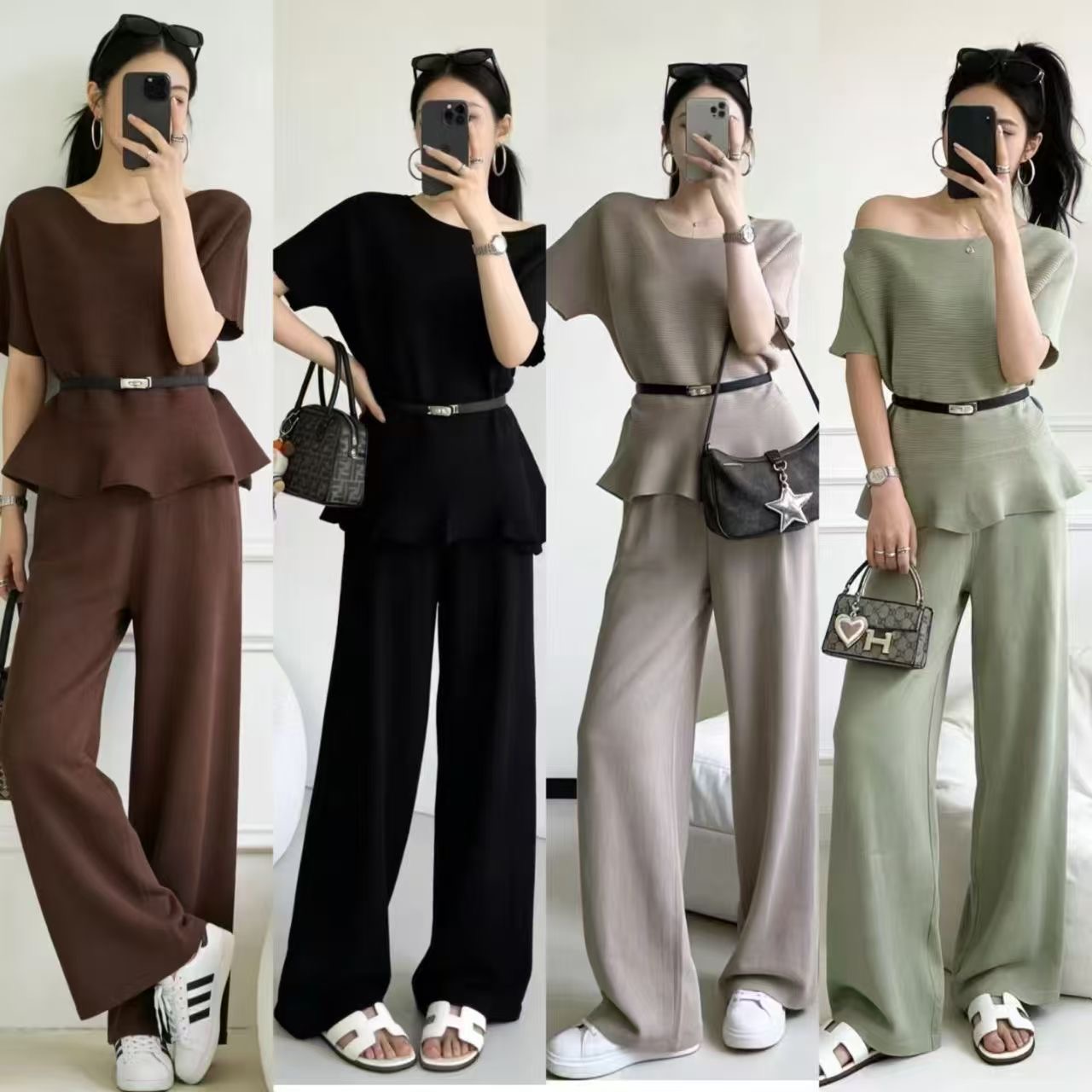 French gentle style waist cinched hem hem pullover knitted sweater two-piece set women's summer outfit simple casual pants knitted set French gentle style waist cinched hem hem pullover knitted sweater two-piece set women's summer outfit simple casual pants knitted set