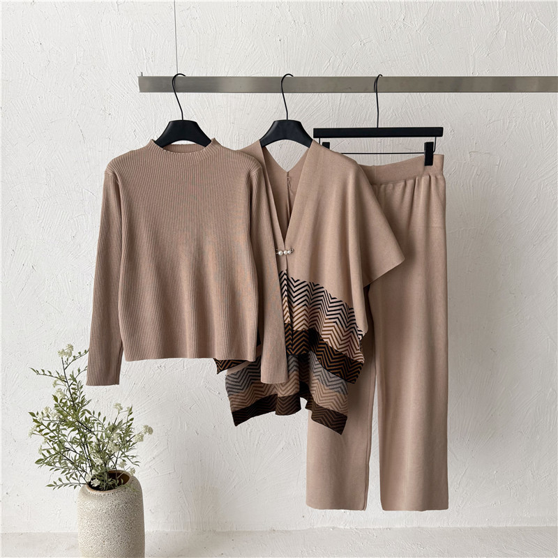 Cross border temperament knitted three piece set for women's autumn and winter new style knitted cardigan with sweater inside and wide leg pants fashionable suit trend