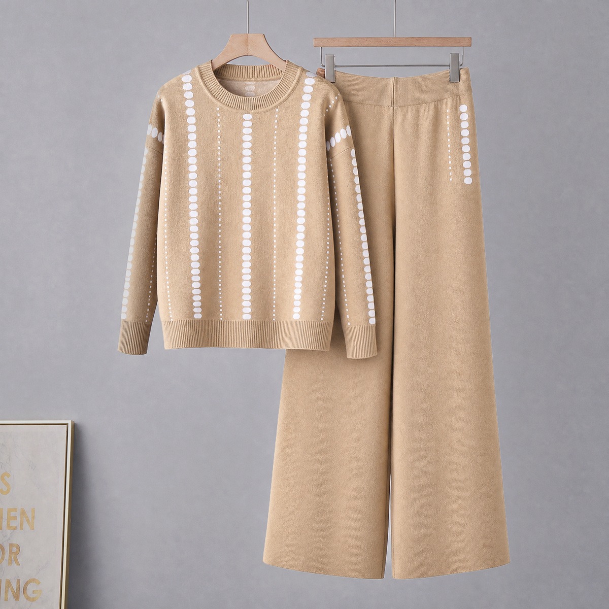 Cross border foreign trade solid color temperament knitted two-piece round neck pocket sweater+loose casual wide leg pants set for women Cross border foreign trade solid color temperament knitted two-piece round neck pocket sweater+loose casual wide leg pants set for women
