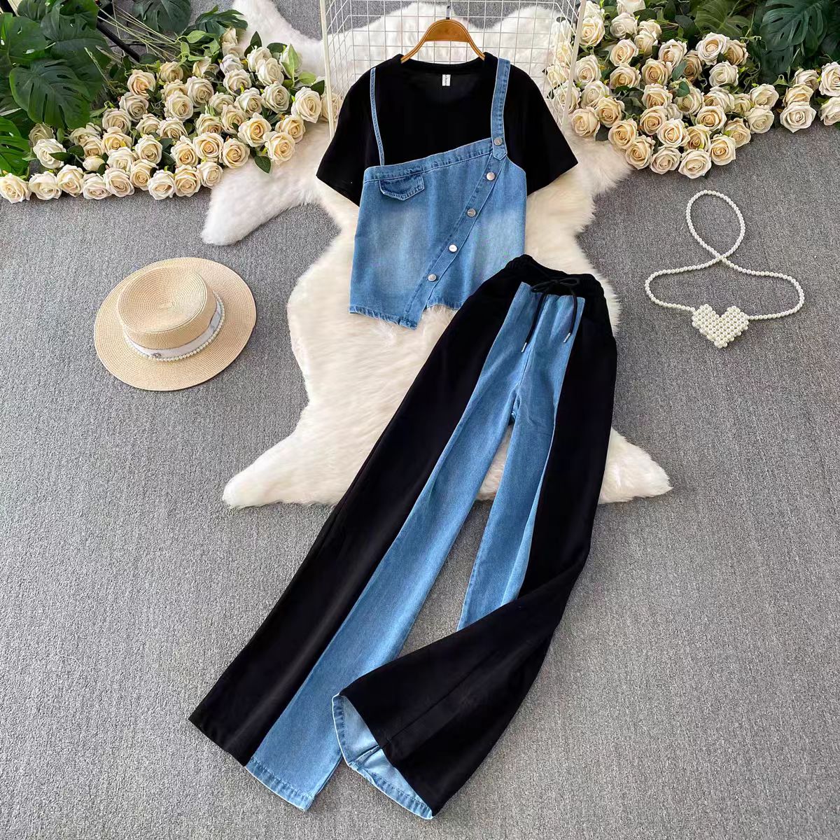 European and American retro personality simple trendy denim patchwork round neck top+high waist slimming striped wide leg pants two-piece set