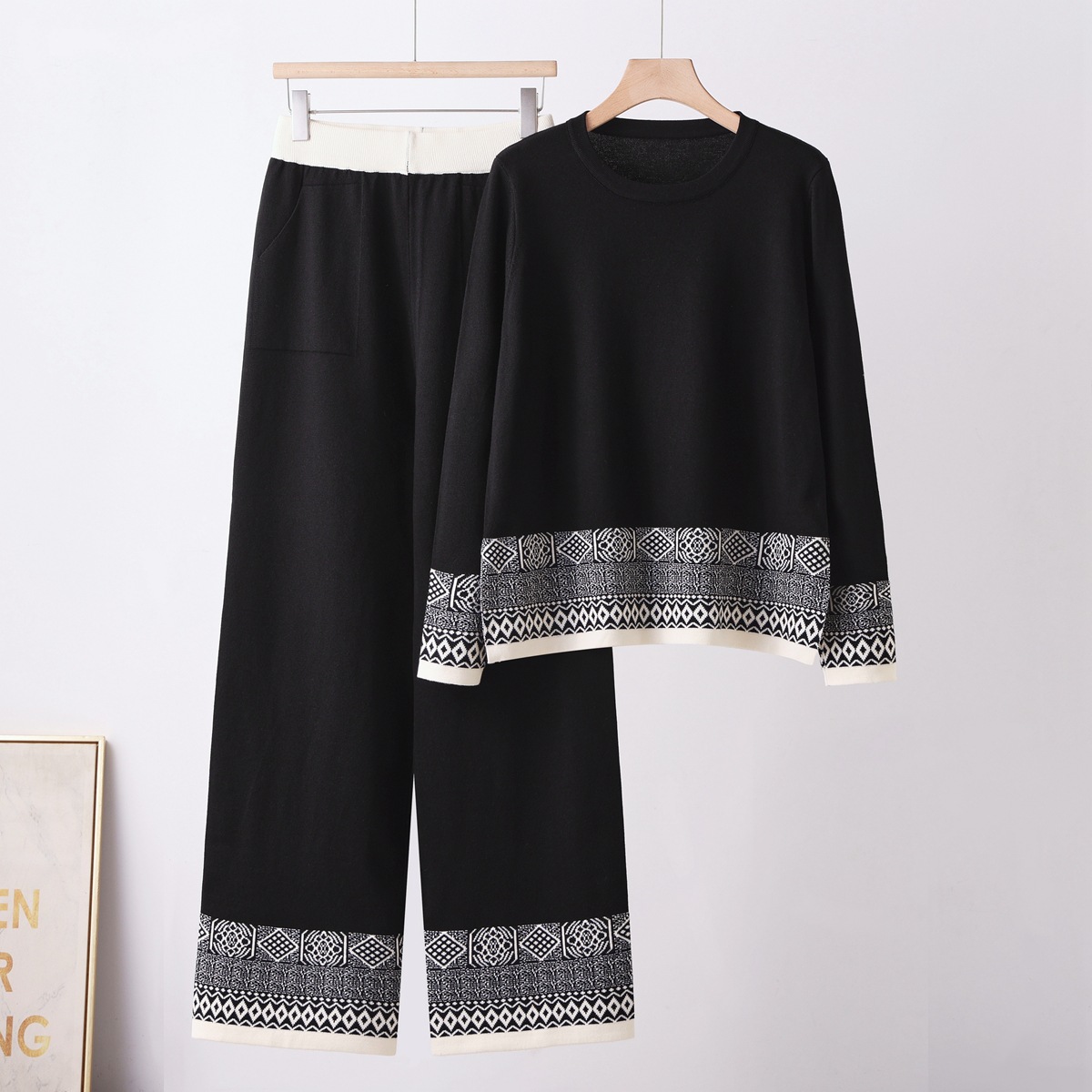 2026 European Station Small Fragrant Style Retro Fashion Casual Top Wide Leg Pants Knitted Two Piece Set Women's Trendy
