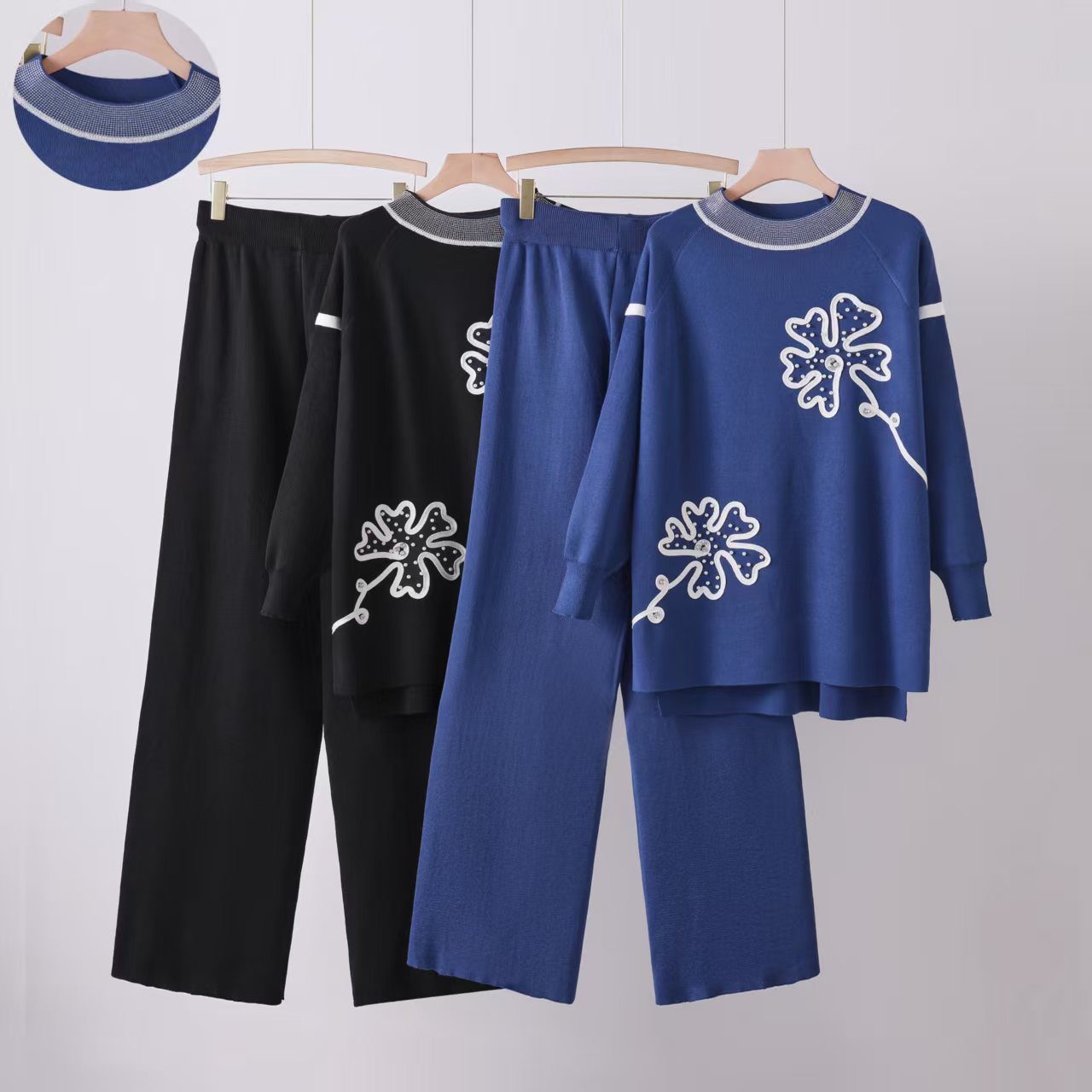 Foreign trade fashion simple long sleeved flower temperament knitted women's loose and slimming round neck sweater wide leg pants two-piece set