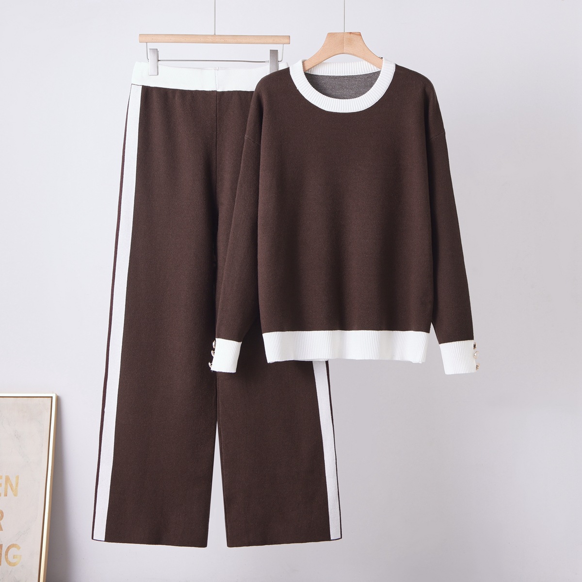 Cross border foreign trade solid color temperament knitted two-piece round neck pocket sweater+loose casual wide leg pants set for women Cross border foreign trade solid color temperament knitted two-piece round neck pocket sweater+loose casual wide leg pants set for women