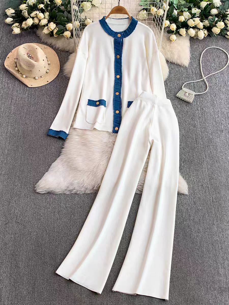 French socialite goddess style fashionable design denim patchwork knitted round neck jacket+high waist wide leg pants two-piece set French socialite goddess style fashionable design denim patchwork knitted round neck jacket+high waist wide leg pants two-piece set