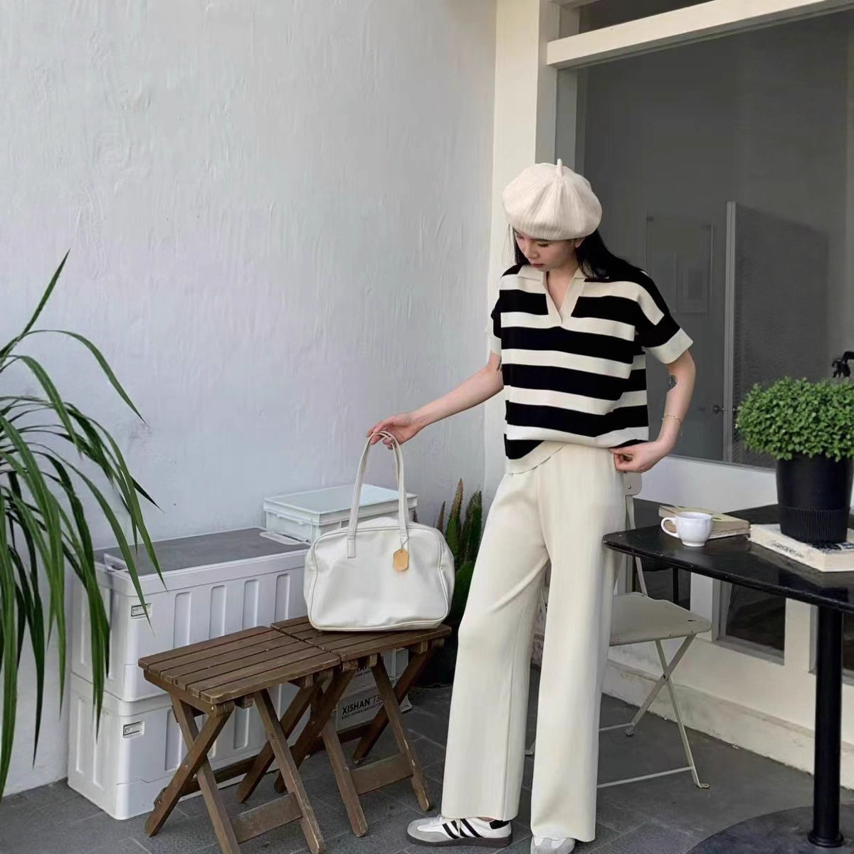 Spring and Autumn New Korean Color Contrast Stripe POLO Collar 1 Design Knitted Top+High Waist Wide Leg Pants Two Piece Set Spring and Autumn New Korean Color Contrast Stripe POLO Collar 1 Design Knitted Top+High Waist Wide Leg Pants Two Piece Set