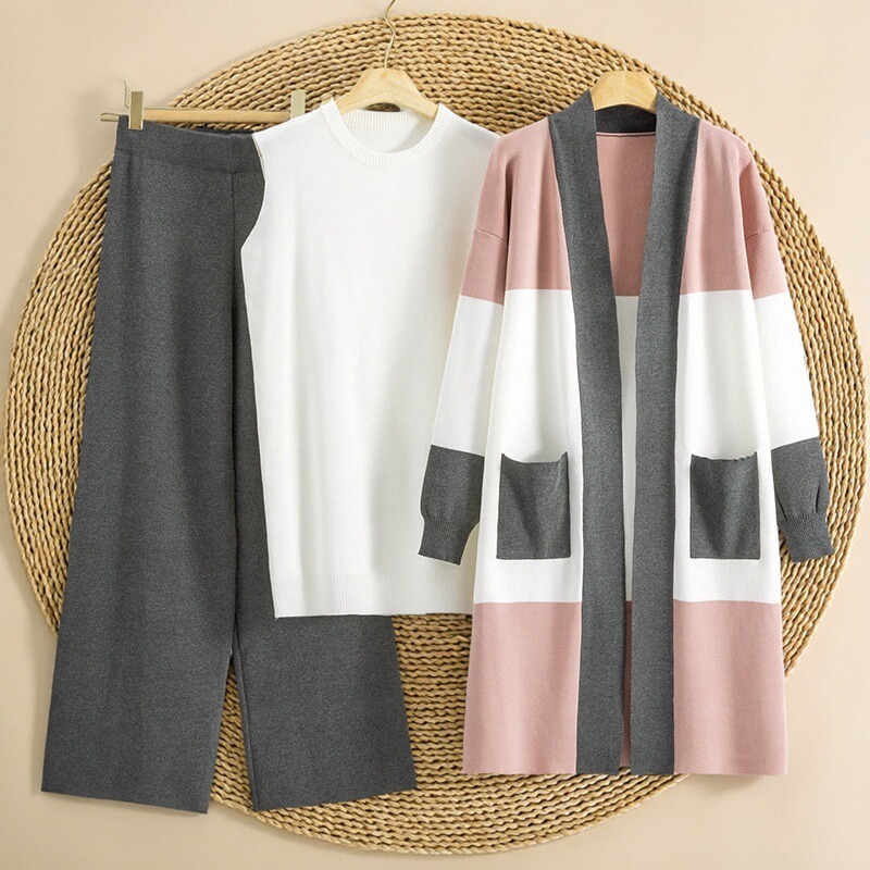 Cross border foreign trade women's clothing 2025 autumn new item European and American knitted medium long cardigan vest wide leg pants three piece set Cross border foreign trade women's clothing 2025 autumn new item European and American knitted medium long cardigan vest wide leg pants three piece set