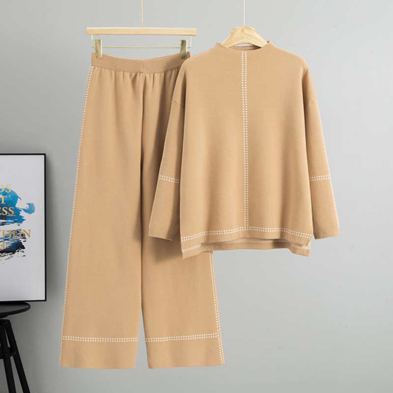 Cross border foreign trade contrasting striped round neck niche design knitted sweater high waist wide leg pants two-piece set elegant temperament for women