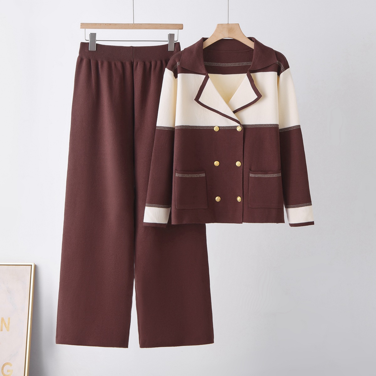 Cross border temperament suit collar set, women's 2025 autumn and winter new style, double breasted knitted top, wide leg pants two-piece set