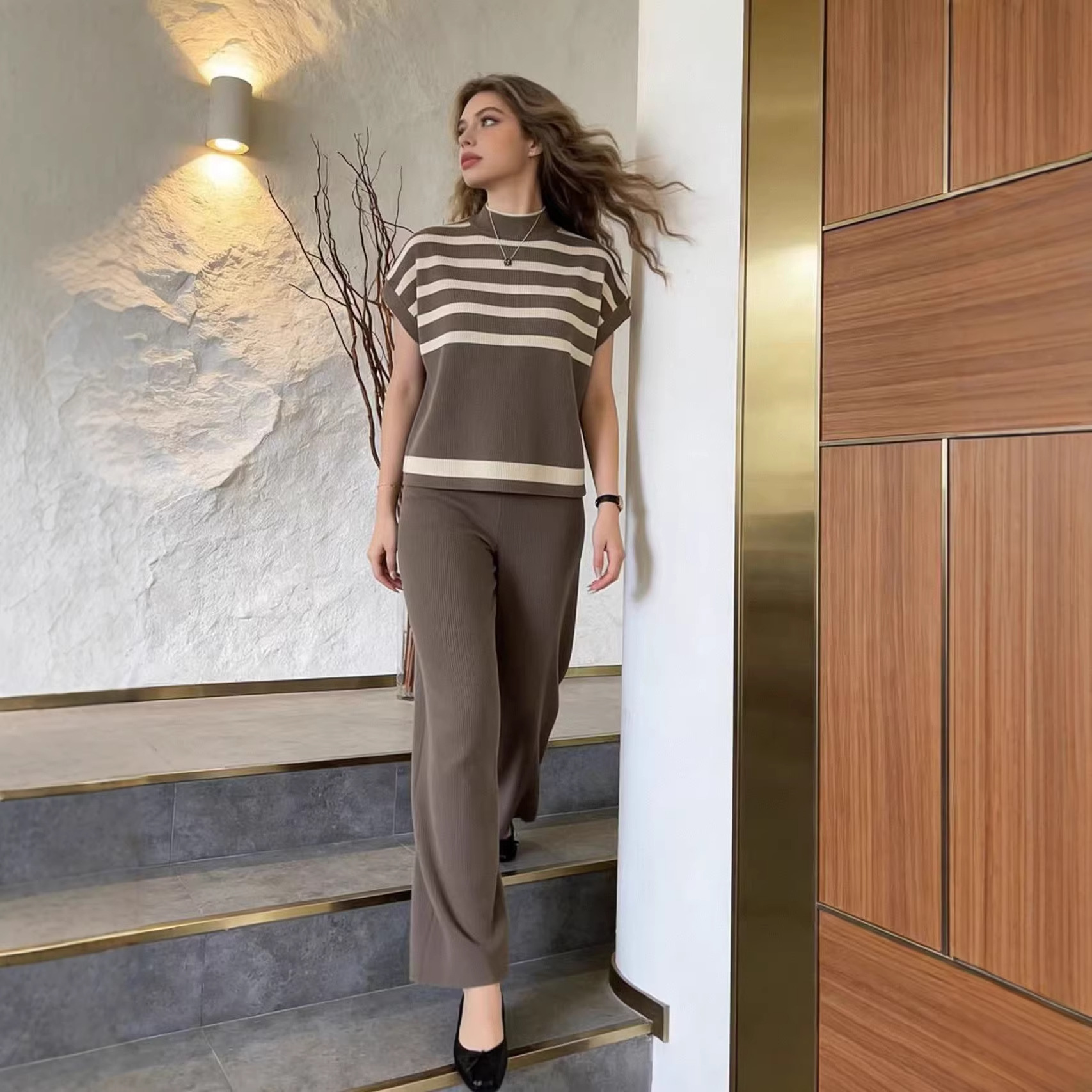 Cross border foreign trade simple and fashionable niche striped knitted shoulder top+fashionable slim fit wide leg pants knitted suit