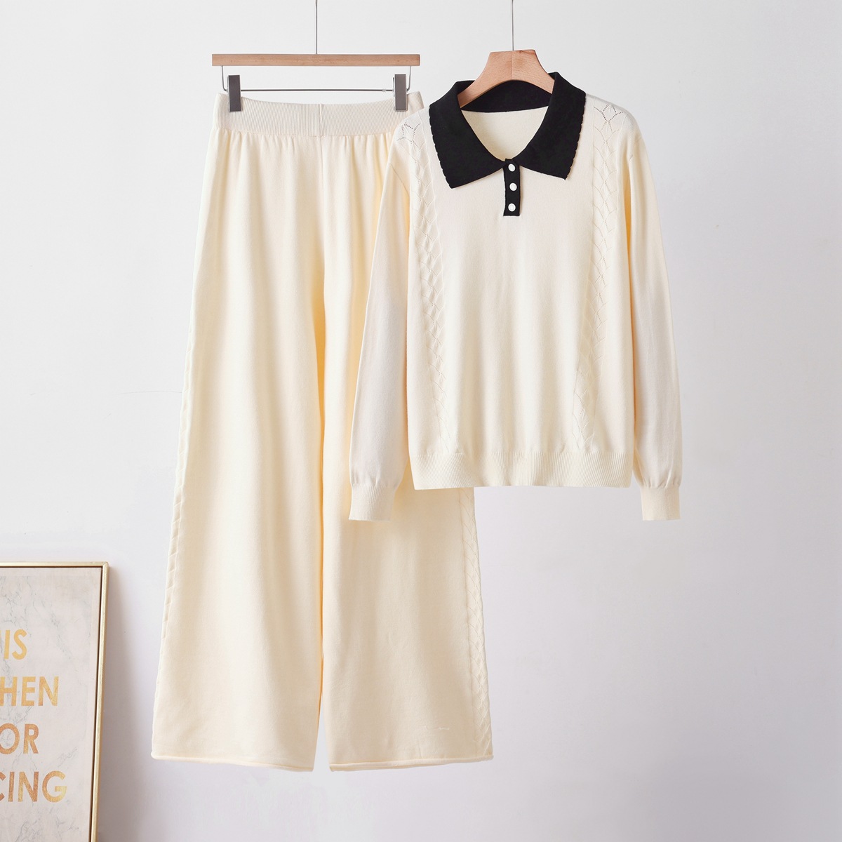 Cross border European and American fashion knitted two-piece set POLO collar sweater+loose casual pants set woolen suit thick women