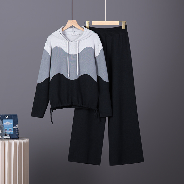 Cross border dopamine dressing women's loose pants hooded sweater plus size women's casual knitted two-piece set for women Cross border dopamine dressing women's loose pants hooded sweater plus size women's casual knitted two-piece set for women