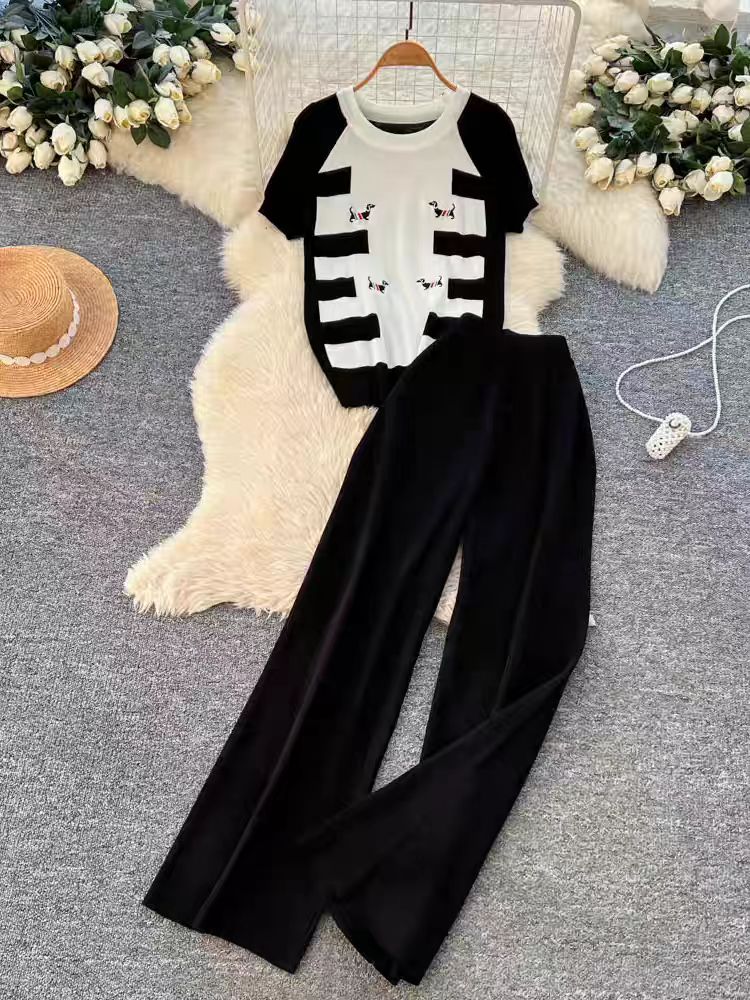 Korean commuting style embroidered puppy knitted versatile two-piece set for women's summer high waist wide leg pants slimming fashion set Korean commuting style embroidered puppy knitted versatile two-piece set for women's summer high waist wide leg pants slimming fashion set