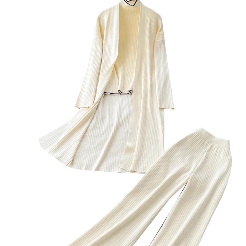 High end loose outer layer, mid to long knit cardigan base, high neck long sleeved sweater, high waist wide leg pants three piece set High end loose outer layer, mid to long knit cardigan base, high neck long sleeved sweater, high waist wide leg pants three piece set