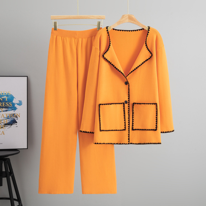 Cross border foreign trade temperament design sense contrasting striped knitted cardigan mid length jacket women's western-style loose wide leg pants Cross border foreign trade temperament design sense contrasting striped knitted cardigan mid length jacket women's western-style loose wide leg pants